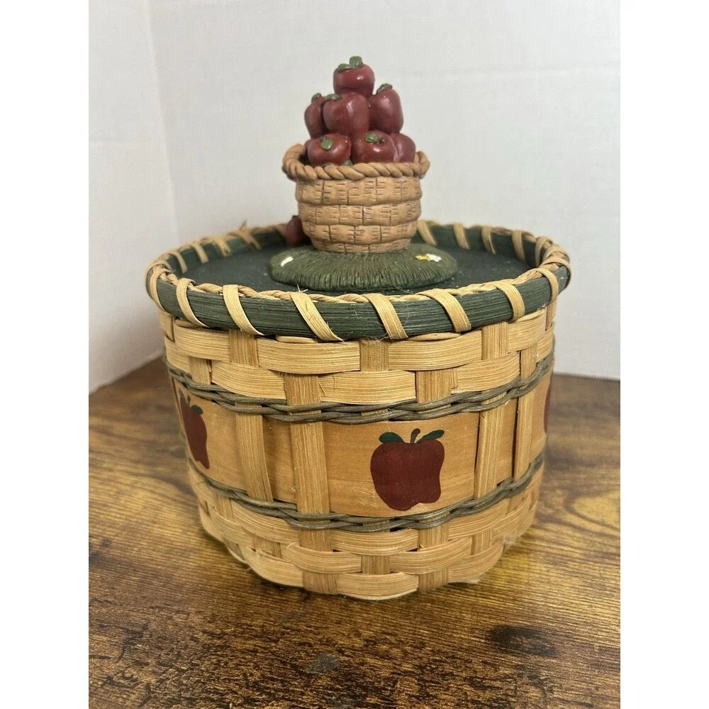 Vintage Apple Basket Cookie Jar Canister Woven Wood Country Cottage Decor Box